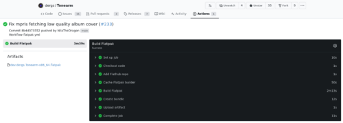 Fragment strony projektu Tonearm w serwisie Codeberg. Otwarty wynik akcji oznaczonej jako „Fix mpris fetching low quality album cover” daje dostęp do pobrania pliku dev.dergs.Tonearm-x86_64.flatpak.