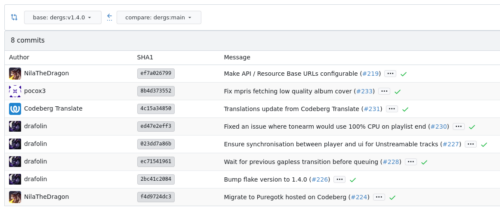 Lista zmian w repo programu Tonearm od czasu wydania wersji 1.4, a na niej m.in. „Make API / Resource Base URLs configurable”, „Translation update from Codeberg Translate” oraz „Fixed and issue where tonearm would use 100% CPU on playlist end”.
