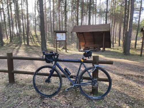 Rower oparty o drewnianą barierkę na leśnym postoju. W tle widoczna wiata ze stołem i ławkami oraz tablica informacyjna poświęcona szyszkom.