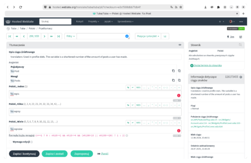 Okno przeglądarki z tłumaczeniem klienta Fediwersum Tuba otworzonym w interfejsie serwisu Weblate.