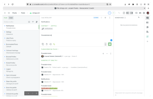 Okno przeglądarki z tłumaczeniem Pixelix w serwisie Crowdin.