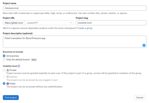 Tworzenie forka programu Blood Pressure w serwisie GitLab.