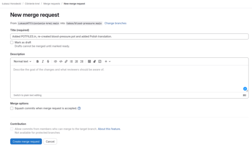 Formularz „New merge request” z prośbą o dodanie moich zmian do głównego repozytorium programu.
