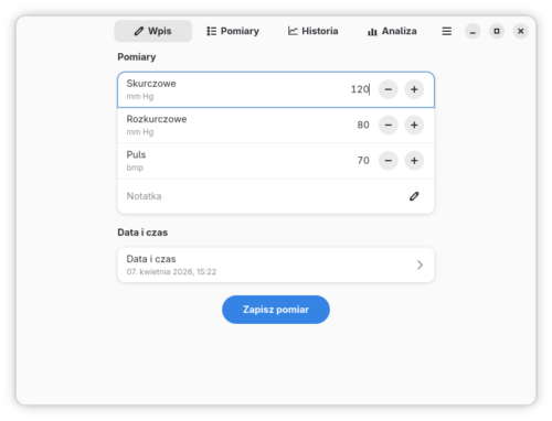 Okno programu Blood Pressure z aktywną zakładką „Wpis”. Pola formularza to: Skurczowe, Rozkurczowe, Puls, Notatka oraz Data i czas.