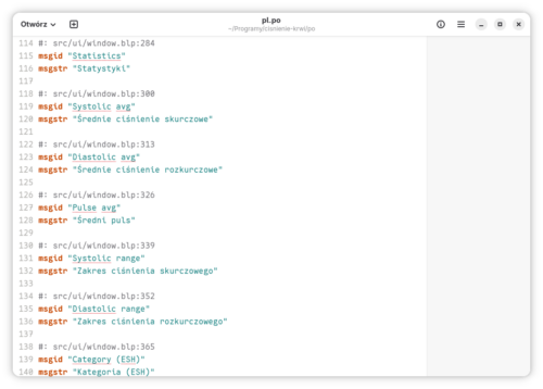 Okno edytora tekstu z otworzonym plikiem pl.po zawierającym tłumaczenie programu Blood Pressure.