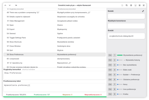Okno programu Gtranslator z tłumaczeniem programu Constrict. Po prawej stronie wyświetlają się podpowiedzi dobierane na podstawie pamięci tłumaczeń.