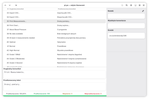 Okno programu Gtranslator z otworzonym plikiem tłumaczenia programu Blood Pressure.