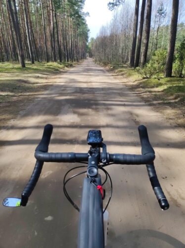 Szeroka leśna droga widziana zza kierownicy roweru szutrowego. 