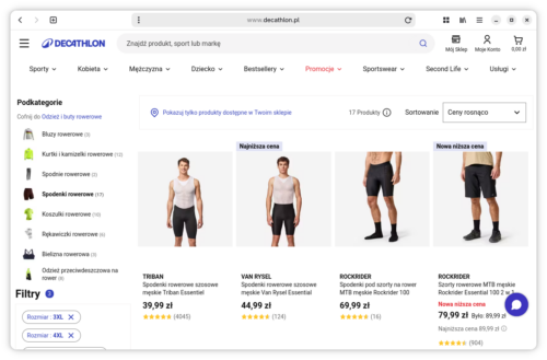 Okno przeglądarki z wynikiem wyszukiwania spodenek kolarskich w dużych rozmiarach w sklepie decathlon.pl.