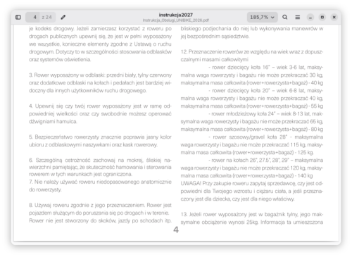 Zrzut ekranu okna przeglądarki dokumentów z otwartym plikiem pdf z instrukcją obsługi rowerów Unibike 2026 z informacjami na temat dopuszczalnej masy całkowitej, która wynosi od 30 kg dla roweru dziecięcego o okołach 16" do 120 kg dla roweru na kołach 26-29".