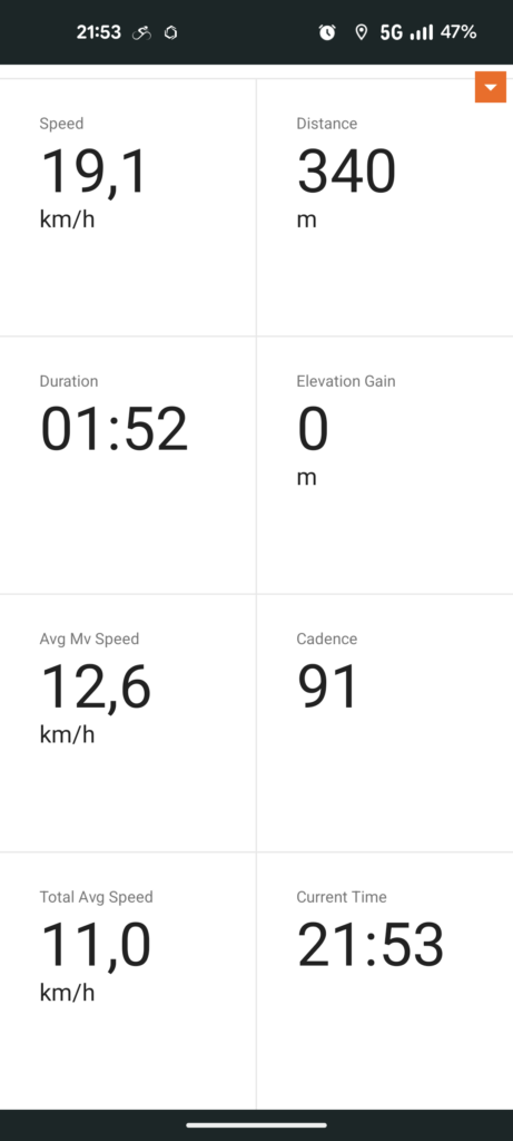 Kolejny zrzut z RIde with GPS, tym razem to ekran rejestrowania aktywności podzielony na osiem pól. Od góry lewej to: prędkość, dystans, czas trwania, przyrost wysokości, średnia prędkość w ruchu, kadencja, całkowita średnia prędkość, aktualna godzina.