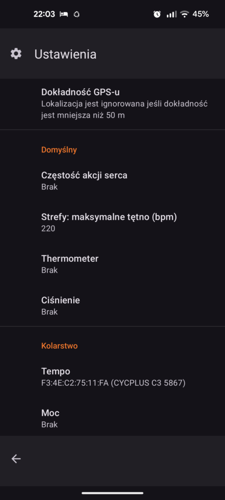 Zrzut ekranu ustawień aplikacji OpenTracks dla Androida. Widoczne pozycje to dokładność GPS-u, ustawienia czujnika pulsu, termometru i ciśnienia, a pod tym sekcja Kolarstwo z pozycją Tempo, pod którą jest szereg cyfr i liter i nazwa CYCPLUS C3 5867.
