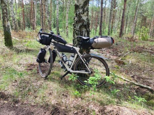 W lesie, oparty o pień brzozy, stoi mój jasnokremowy rower szutrowy Canyon Grizl, obładowany torbami. Na widelcu ma dwa worki, sporą torbę na kierownicy, torbę w trójkącie ramy, małą torbę na górnej rurze ramy i sporą podsiodłówkę, do której jest przyczepiona czerwona lampka tylna. Poza tym na rowerze są trzy białe bidony: dwa wewnątrz ramy i jeden pod nią.