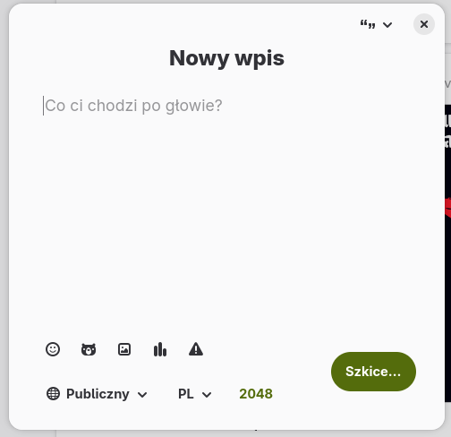 Edytor wpisów w Tubie. W prawym dolnym rogu jest przycisk „Szkice…”