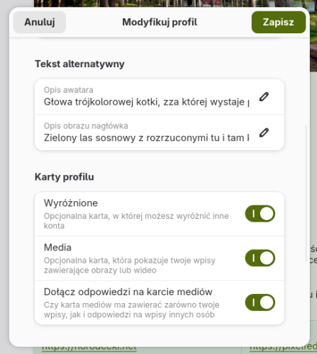 Dialog modyfikacji profilu z polami pozwalającym na wpisanie tekstu alternatywnego dla awatara i obrazu nagłówka. Poniżej przełączniki pozwalające na ukrycie kart „Wyróżnione” i „Media” na profilu.