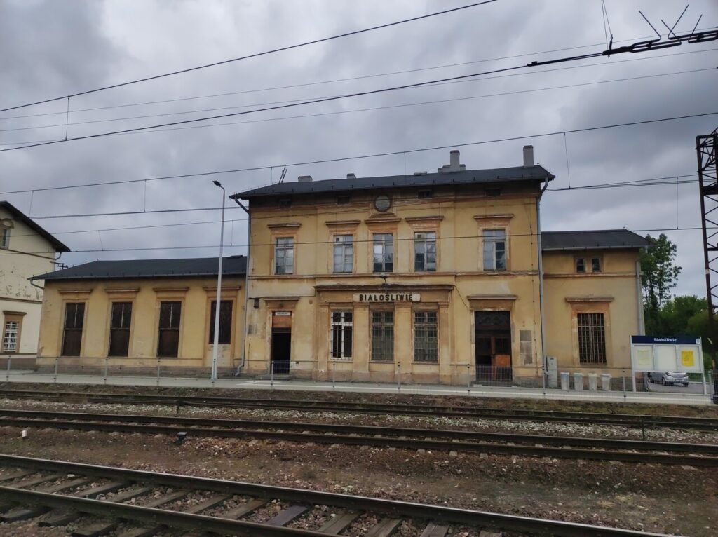 Podniszczony i zaniedbany budynek dworca kolejowego widziany zza trzech torów. W centrum na parterze ma trzy zakratowane okna, nad którymi jest biała tablica z napisem „Białośliwie”.